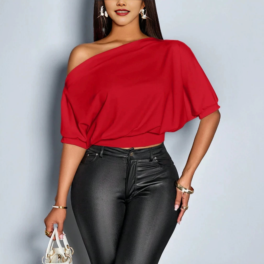 Women's Off-Shoulder Loose T-Shirt with Batwing Sleeves and Cinched Waist