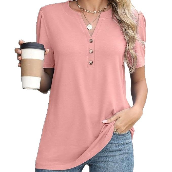V-Neck Button-Down Short Sleeve Solid Shirt