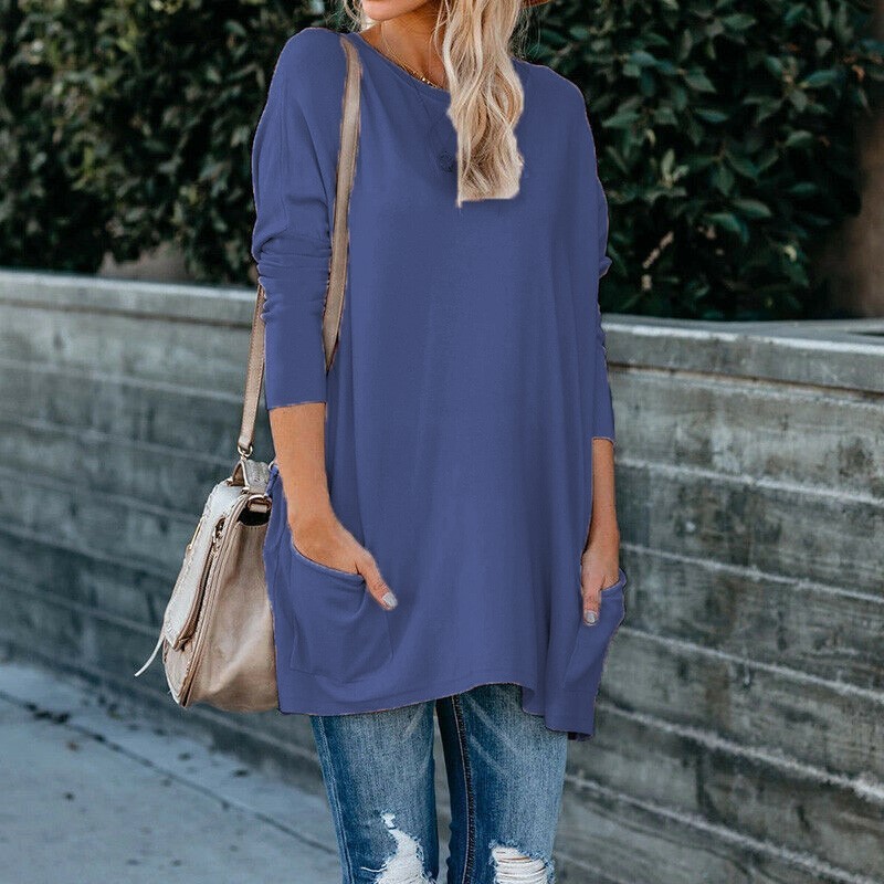 Women's Crewneck Long-Sleeve Pocket T-Shirt Plus Size