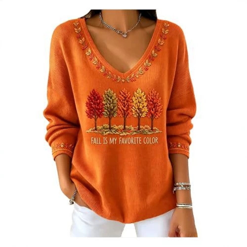 Women's V-Neck Long Sleeve T-Shirt with Tree Maple Leaf Print