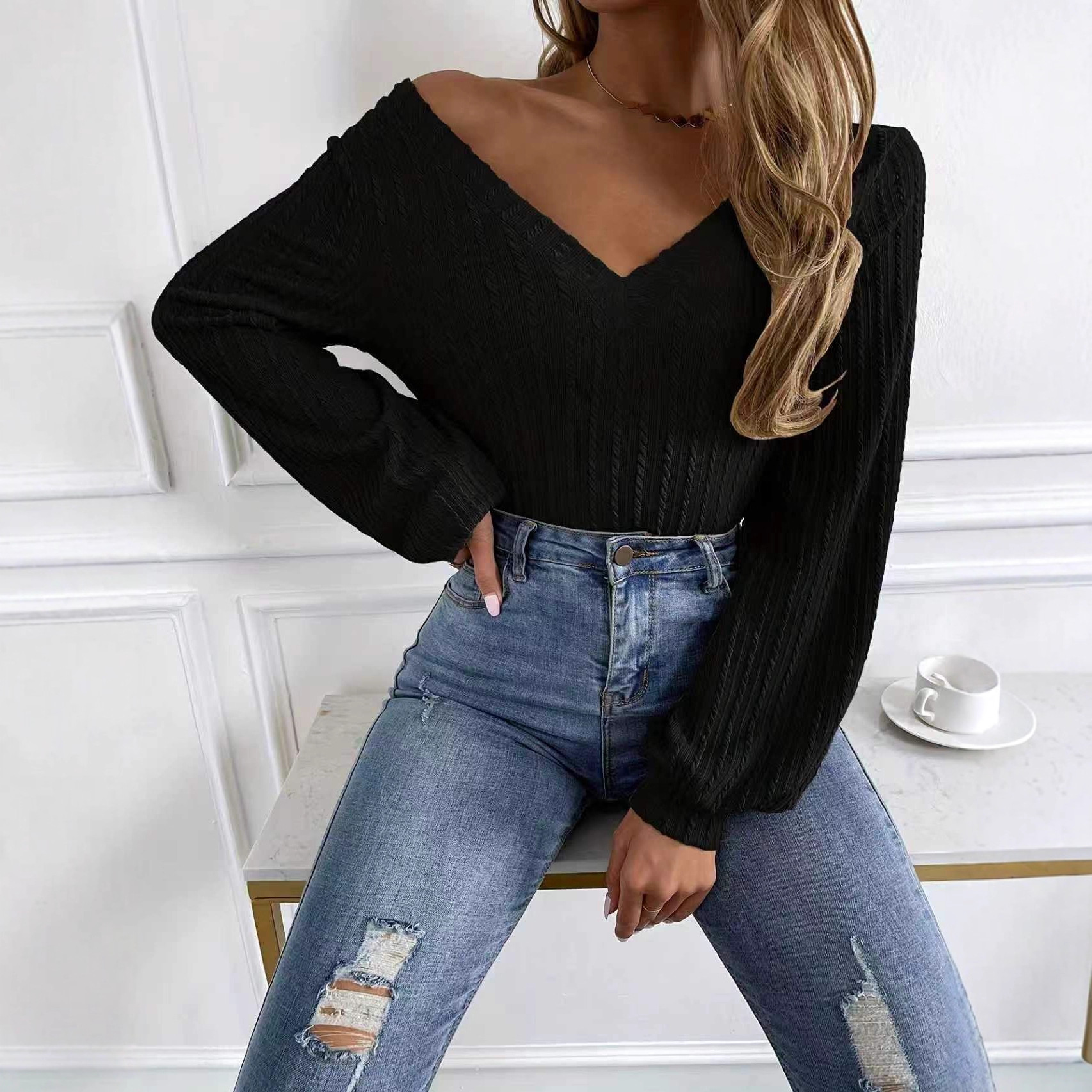 Women's Ribbed V-Neck Long Sleeve T-Shirt Solid Color Casual Top