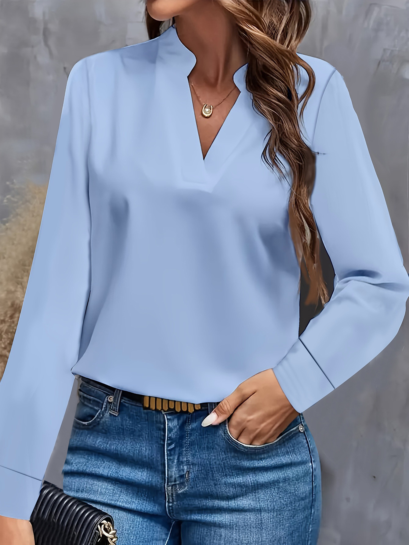 Women's Solid V-Neck Loose Casual Shirt Top