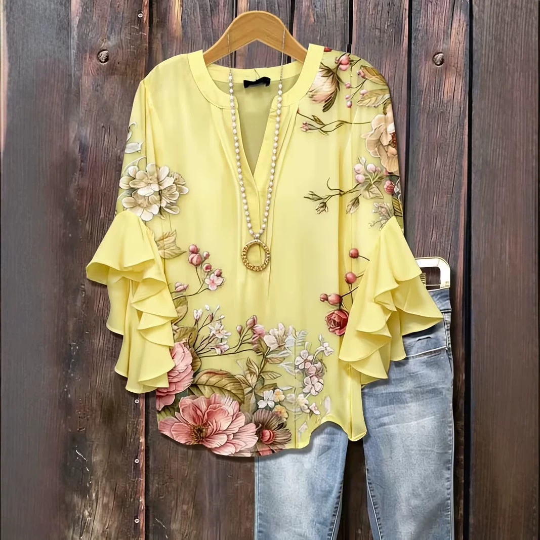 Floral Print Rolled Sleeve V-Neck Women's Top