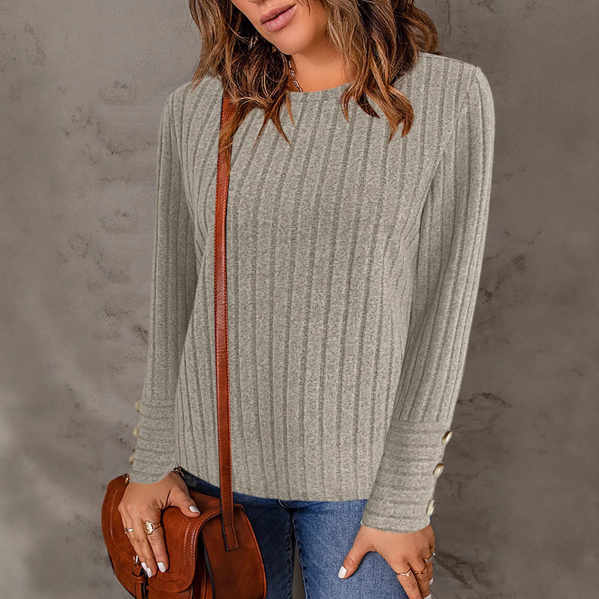 Women's Solid Color Crewneck Long Sleeve Button Top