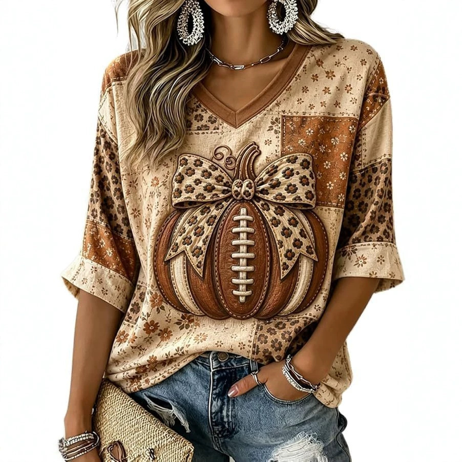 Halloween Pumpkin Bow Print V-Neck Half-Sleeve Women's T-Shirt