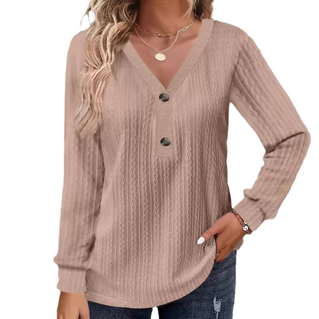 Women's Button V-Neck Long Sleeve Solid Color Casual T-Shirt Top