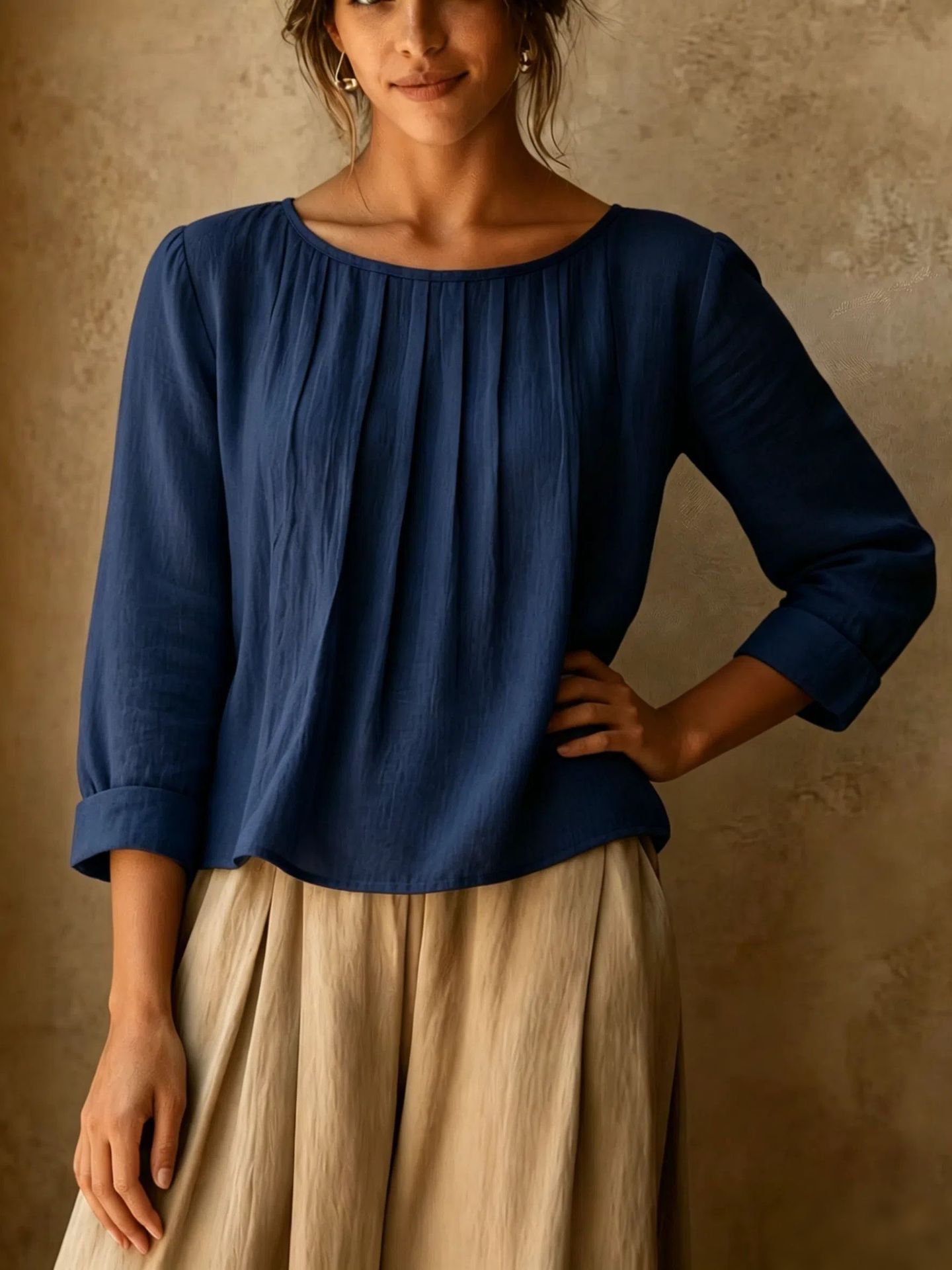 2026 New Cross-Border Summer Women's Cotton-Linen Top Loose Slimming Pleated Round Neck Eight-Sleeve Shirt Solid Color Casual