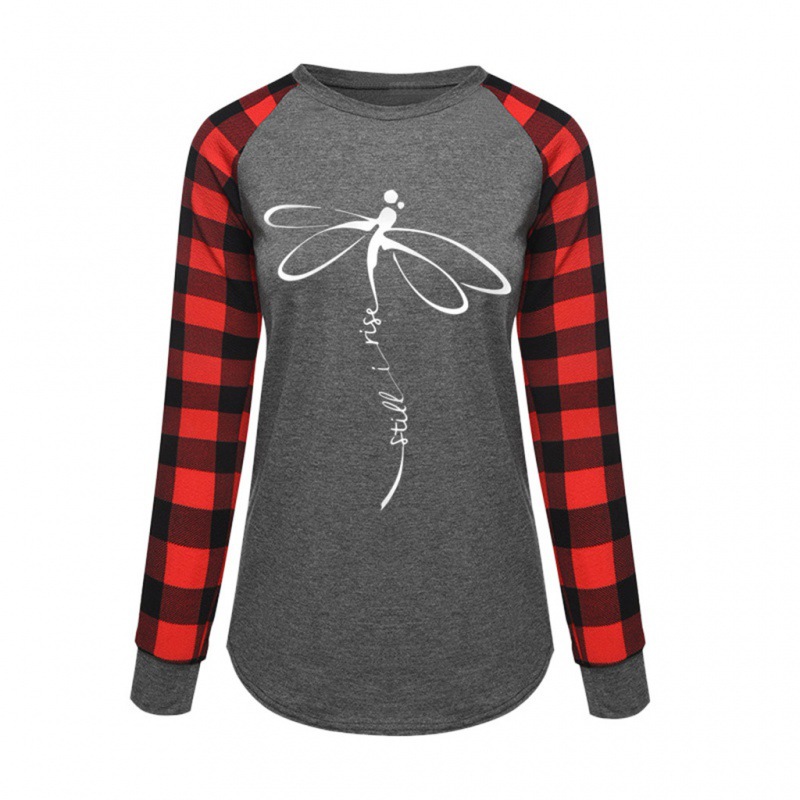 2024 Summer New Cross-Border European and American Women's Clothing Cross-Border European and American Spring and Autumn Plaid Print Round Neck Long Sleeve Top T-Shirt