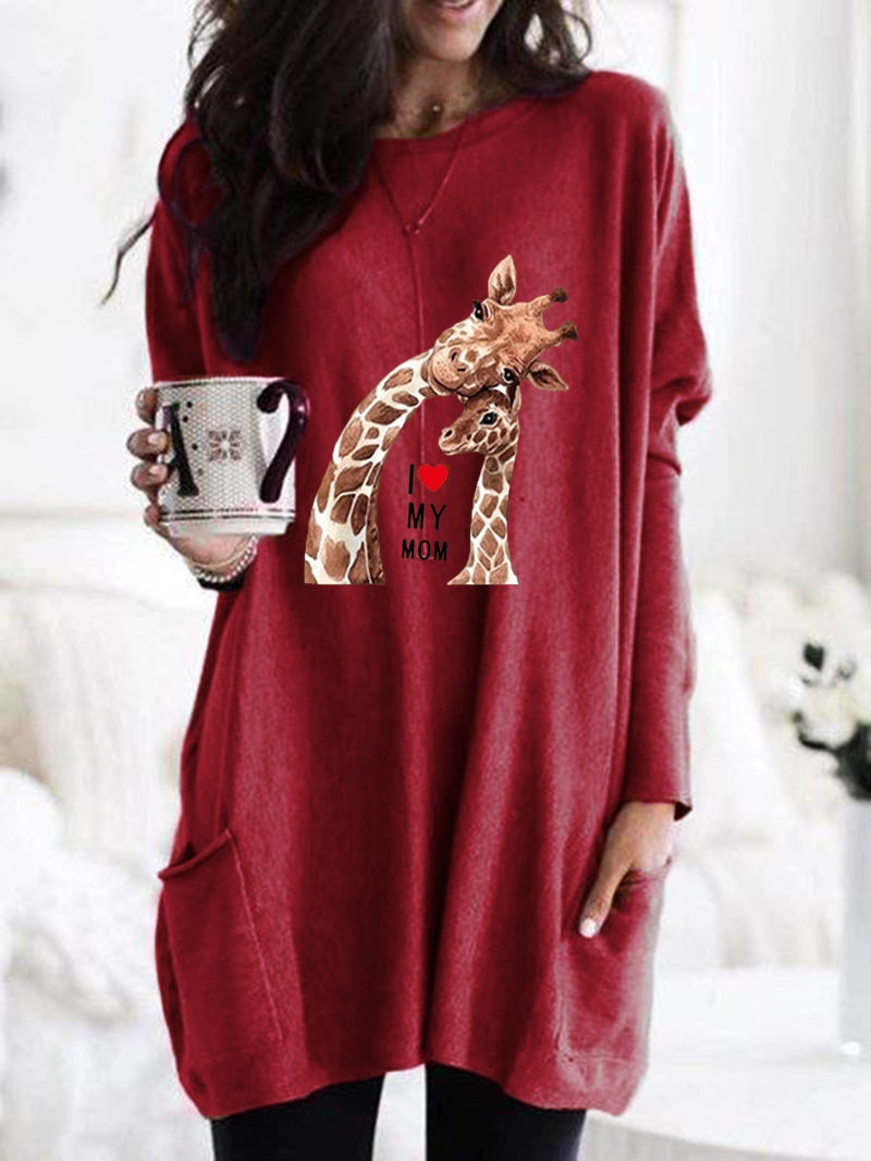 Women's Giraffe Print Long Sleeve Crew Neck Loose T-Shirt