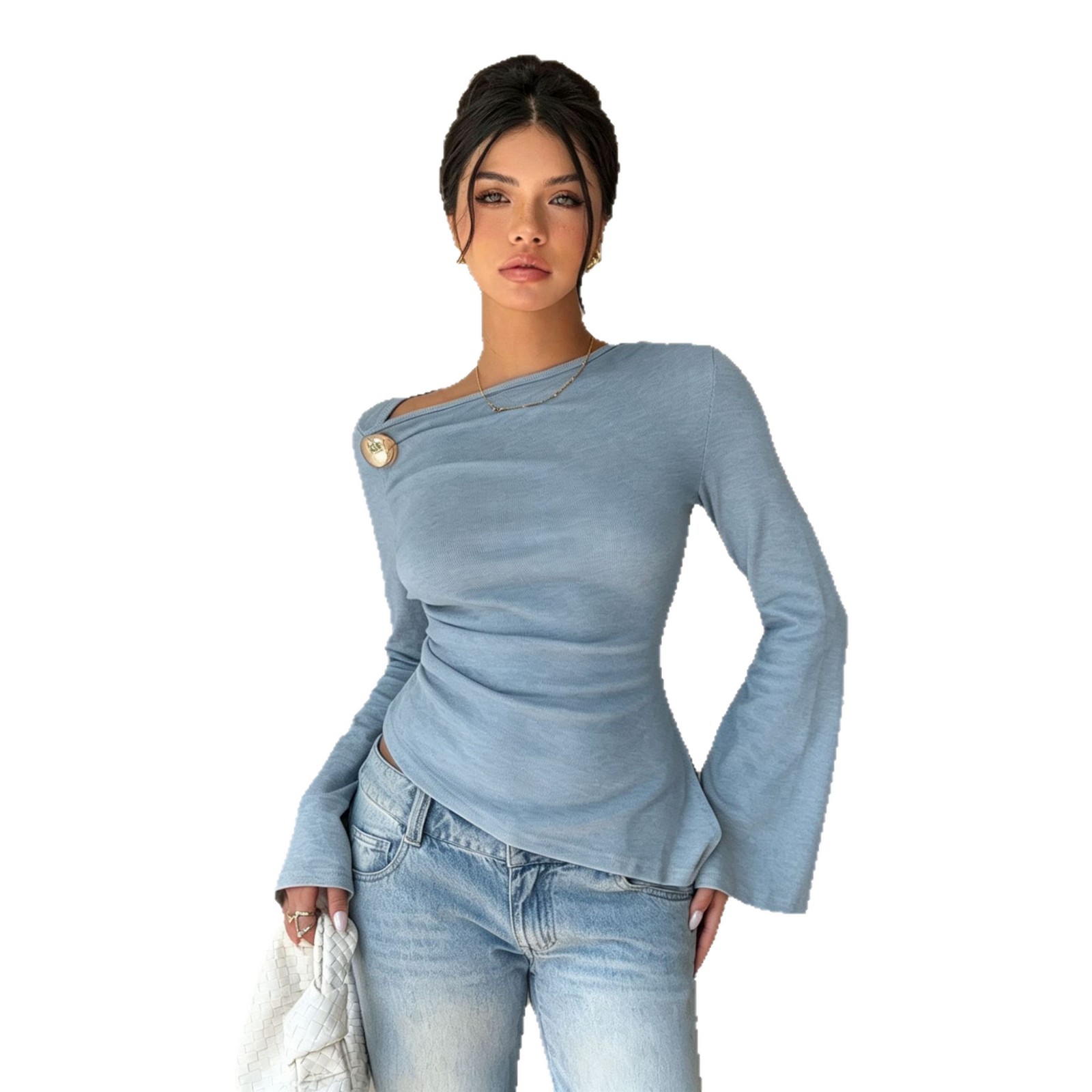 Asymmetric One-Shoulder Flared-Sleeve Waist-Cinching Top with Metal Buttons