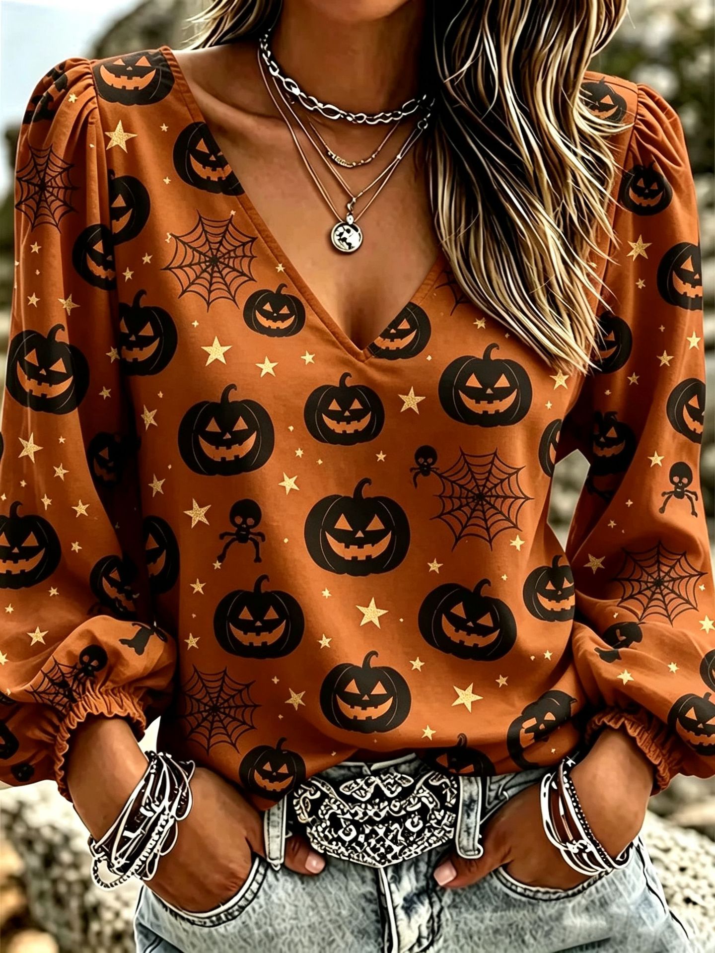 Halloween Pumpkin Ghost Print V-Neck Long Sleeve Women's T-Shirt