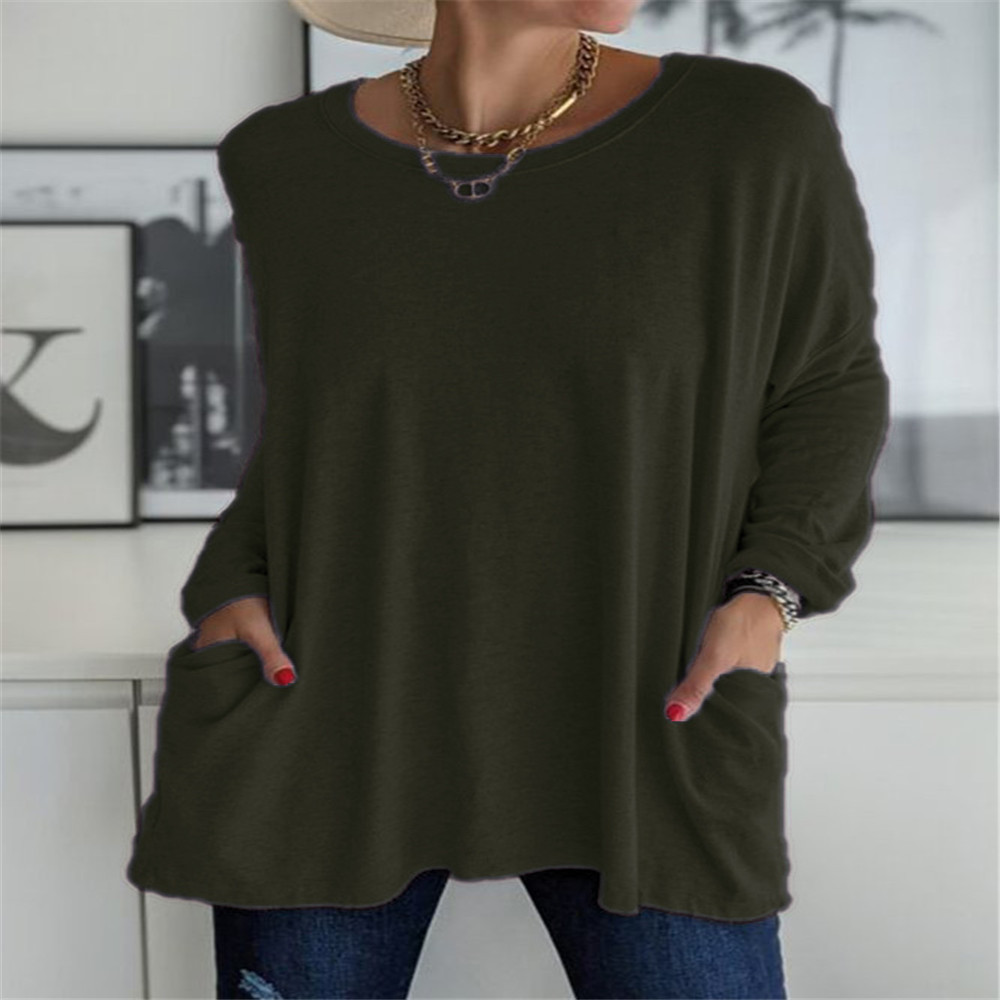 Women's Loose Fit Crewneck Long Sleeve Solid T-Shirt with Pocket
