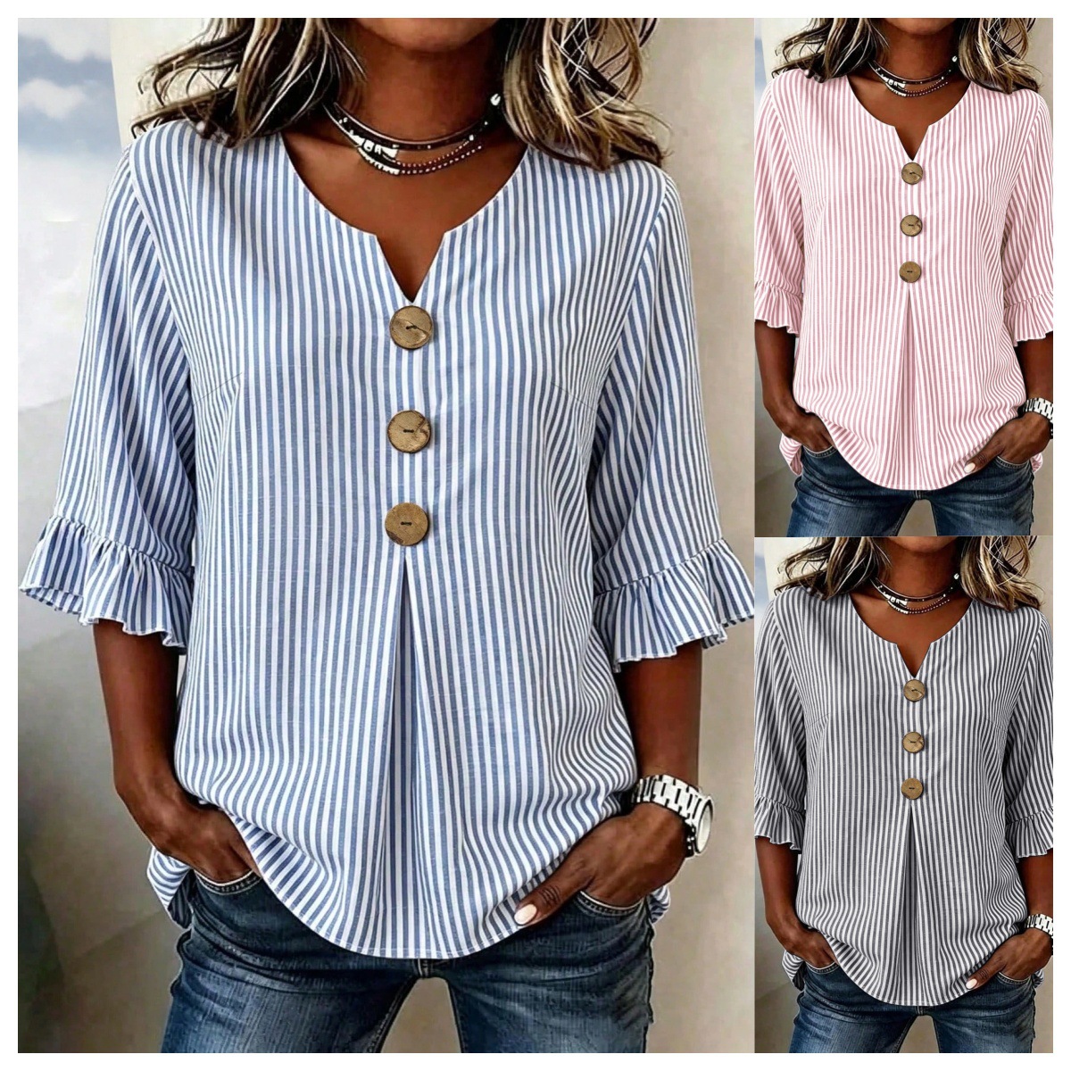 Women's V-Neck Striped Button Ruffle Half-Sleeve Blouse