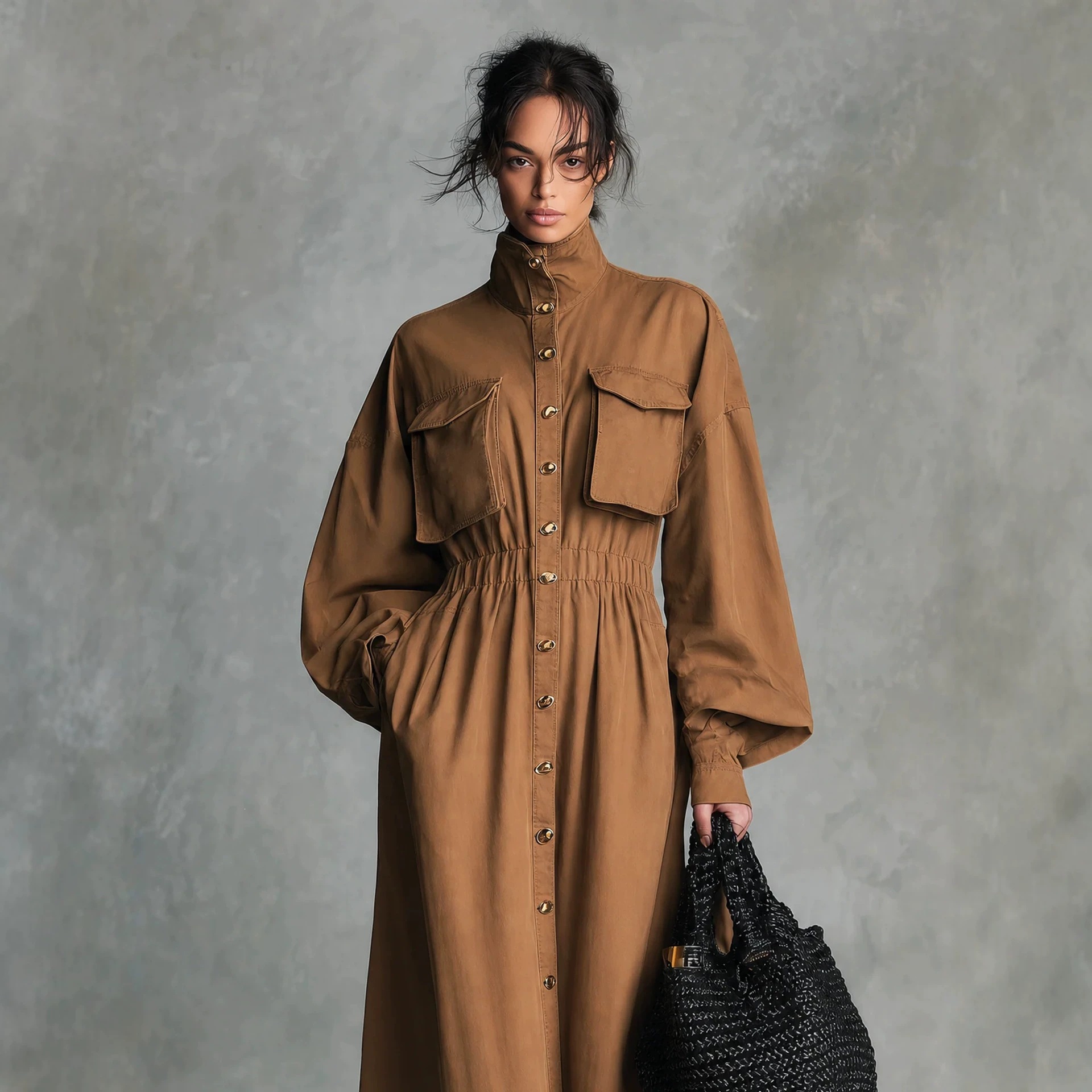 Women's Waist-Cinching Stand Collar Button-Front Midi Dress