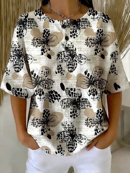 Summer Plaid Floral Print Short Sleeve Button-Up Top