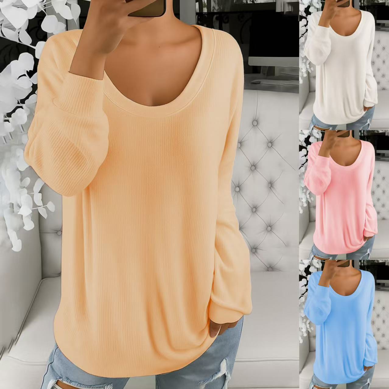 Women's Casual Loose Solid Color Retro Crewneck Long Sleeve Knit Sweater