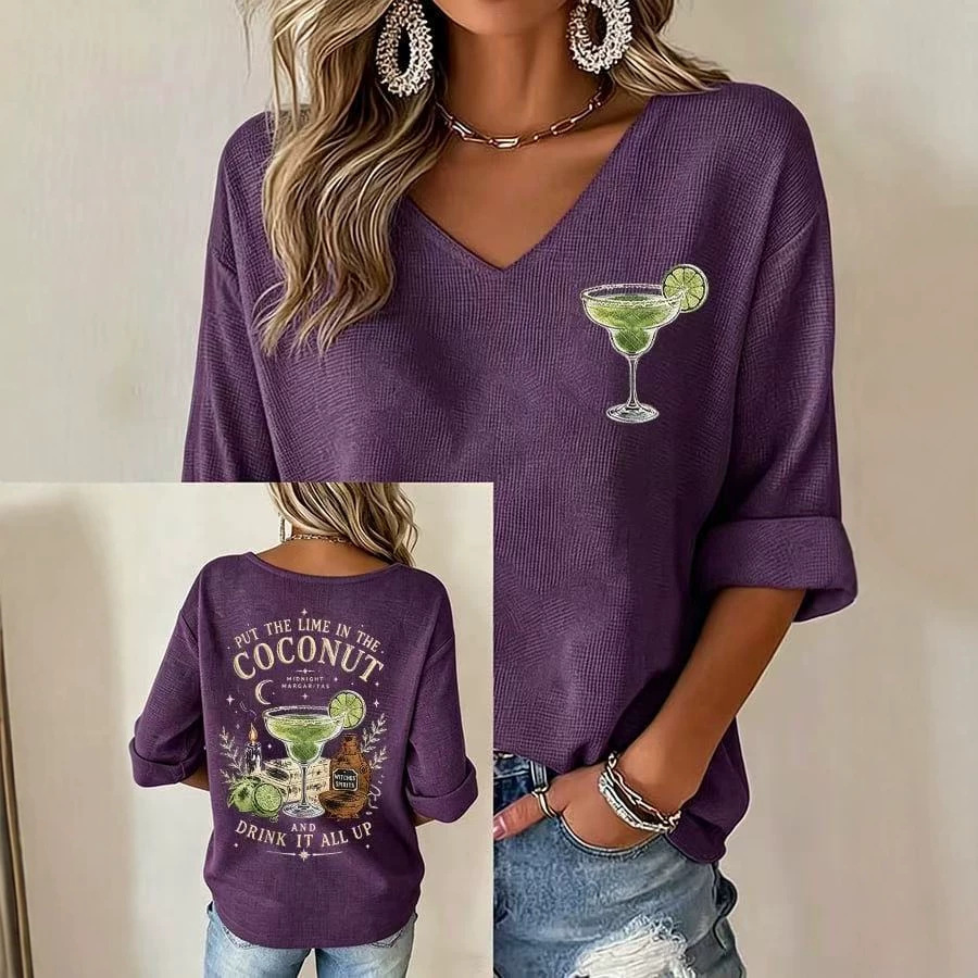 Retro Wine Glass Print V-Neck Half-Sleeve Top
