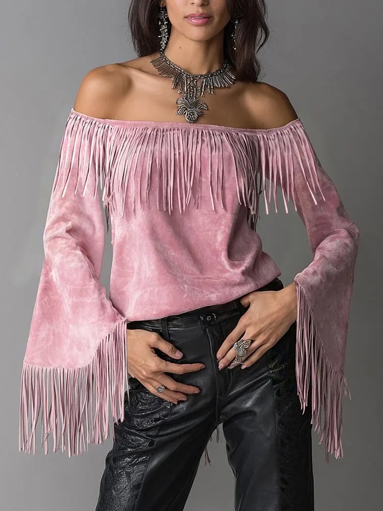 Women's Off-Shoulder Faux Suede Fringe Top with Flared Sleeves