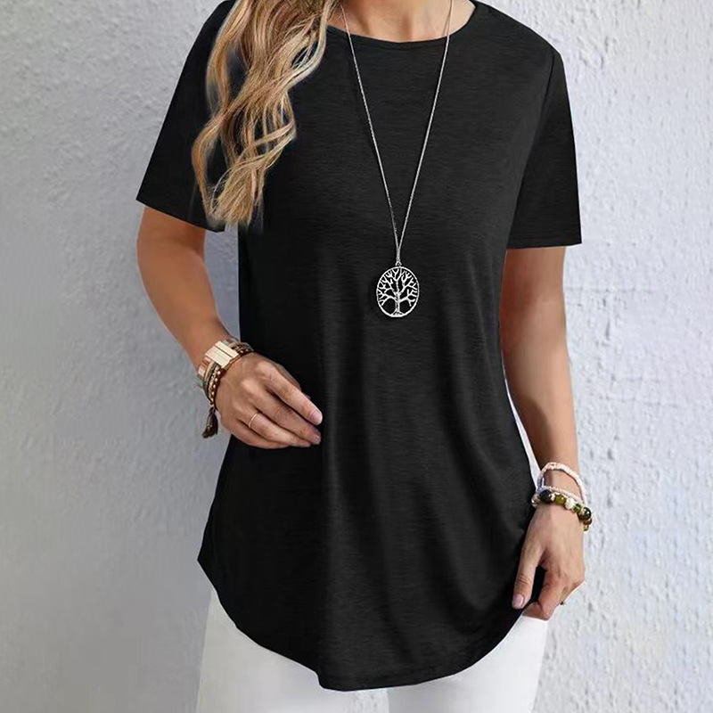 Women's Solid Color Elegant Round Neck Back Button T-Shirt