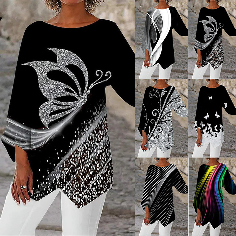 Geometric Floral Print Long Sleeve Patchwork Round Neck Shirt