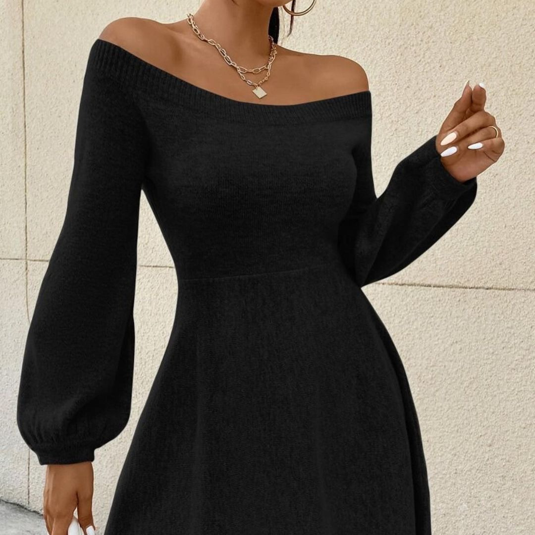 Double-Faced Knit Off-Shoulder Slim-Fit Solid Dress with Waist