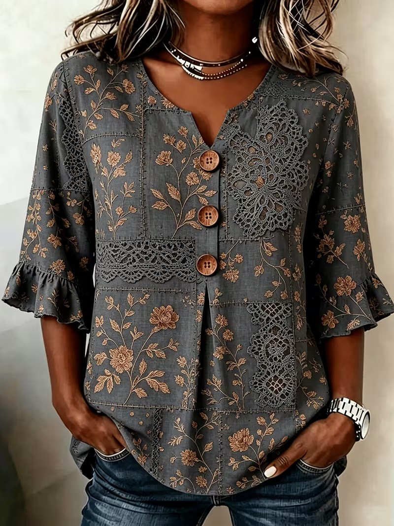 Retro Floral Print Short Sleeve Button-Up Top