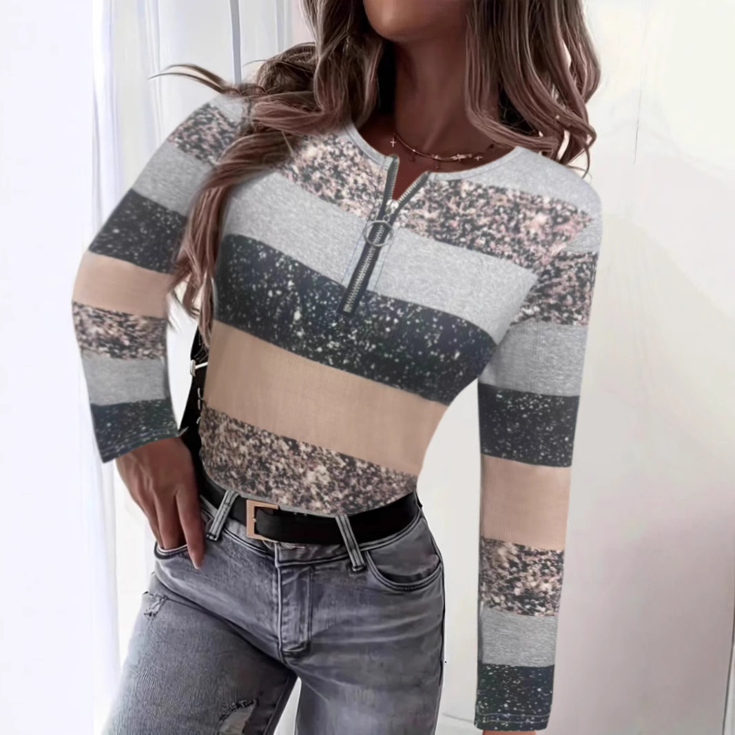 Striped Color-Block V-Neck Zip-Up Long-Sleeve Top
