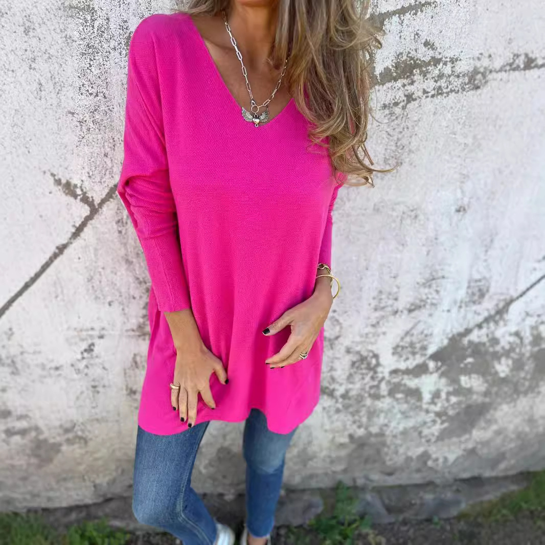 Women's Solid V-Neck Knit Sweater Loose Fit Long Sleeve Top