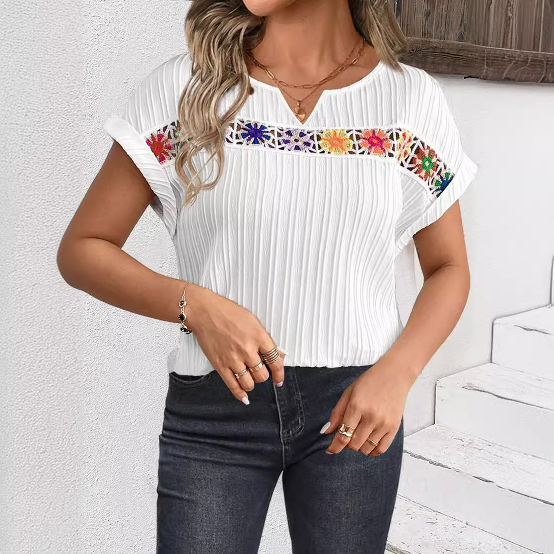 V-Neck Short Sleeve Floral Embroidered Panel Top