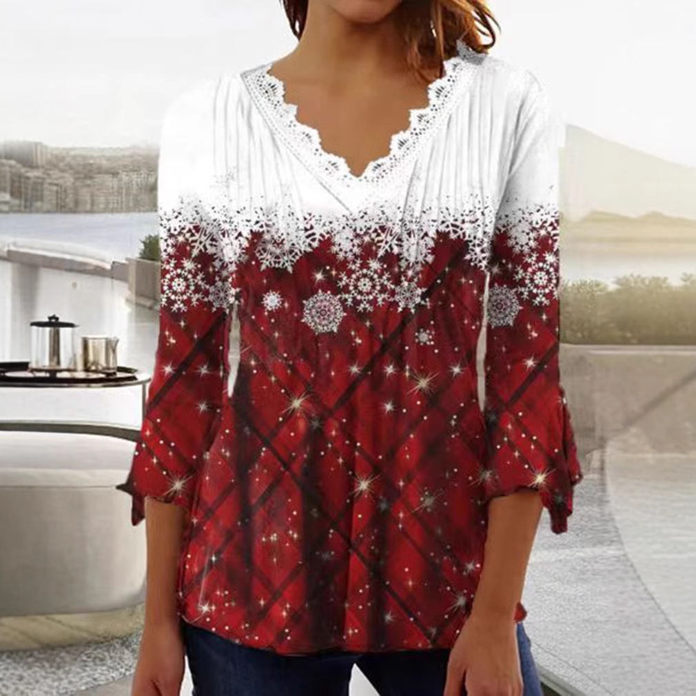 Snowflake Plaid V-Neck Long-Sleeve Top