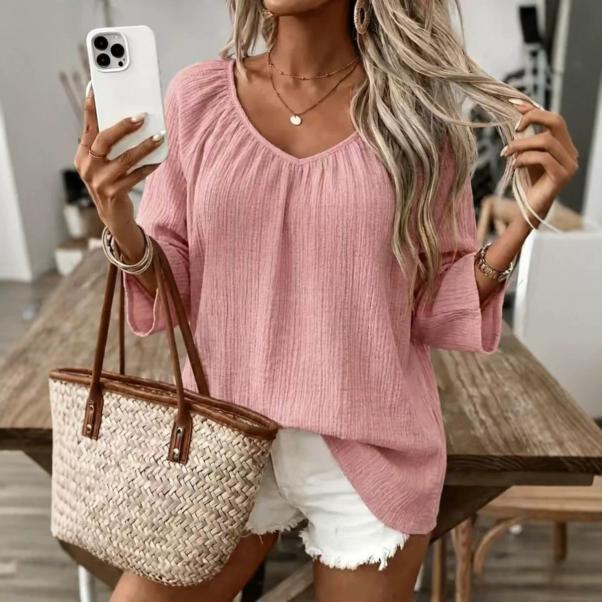 Women's Casual V-Neck Long Sleeve Loose Solid Pullover T-Shirt
