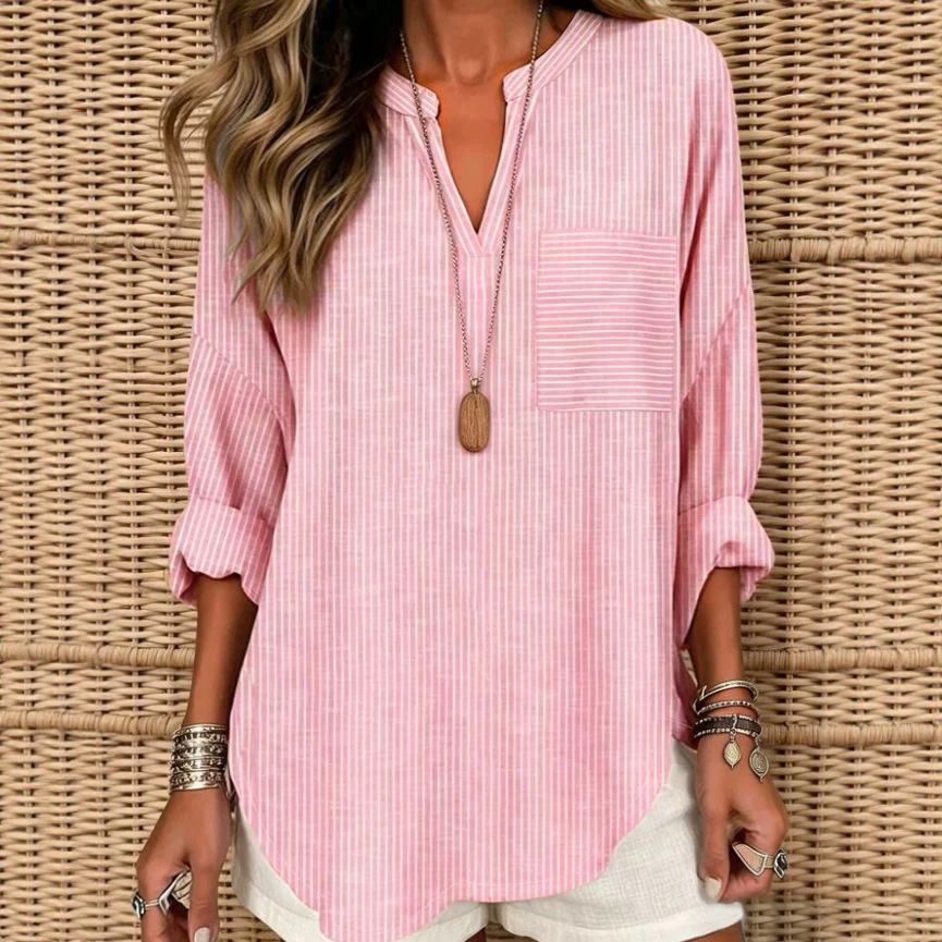 Women's Striped V-Neck Loose Fit Pocket Blouse