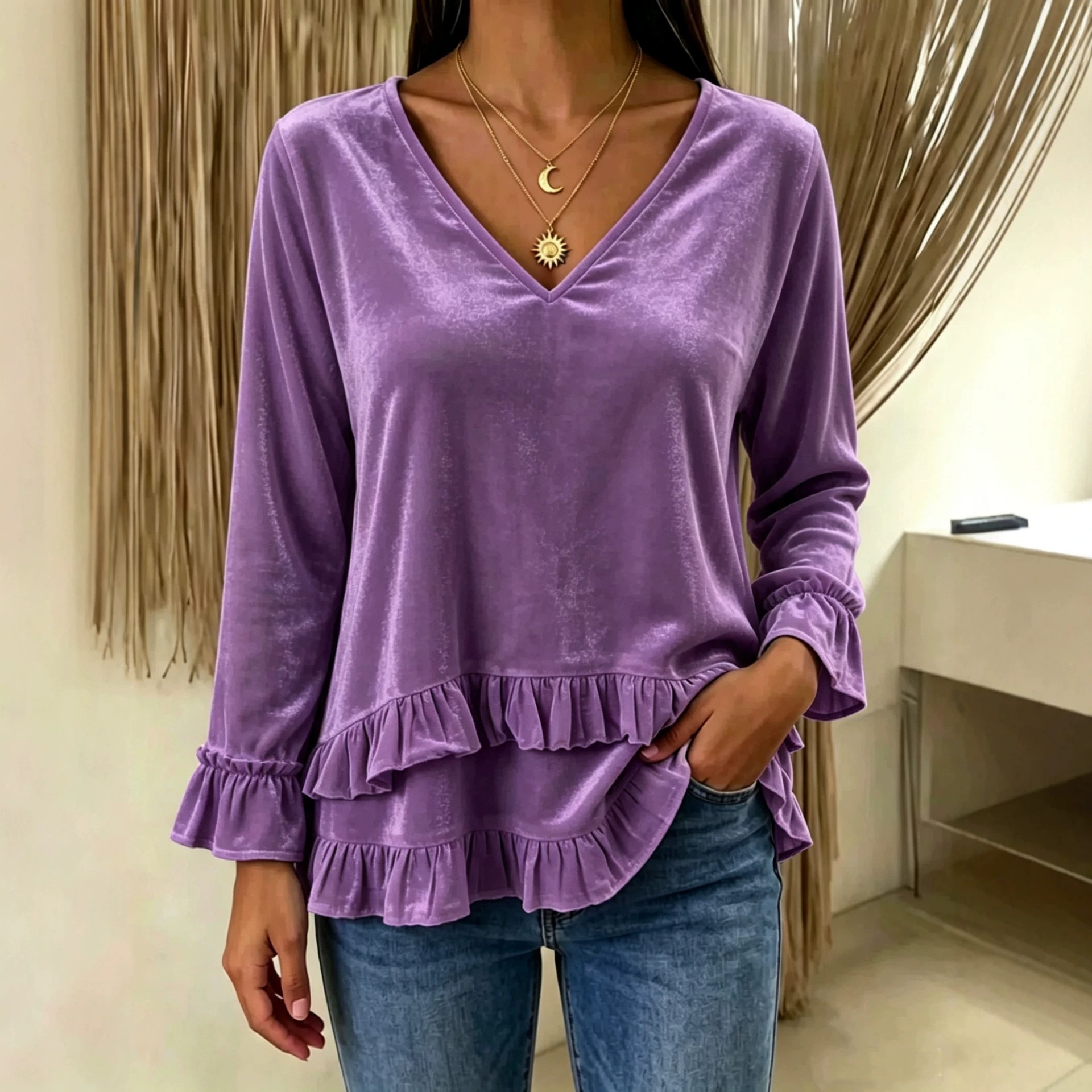 Women's V-Neck Ruffle Velvet Long-Sleeve Top