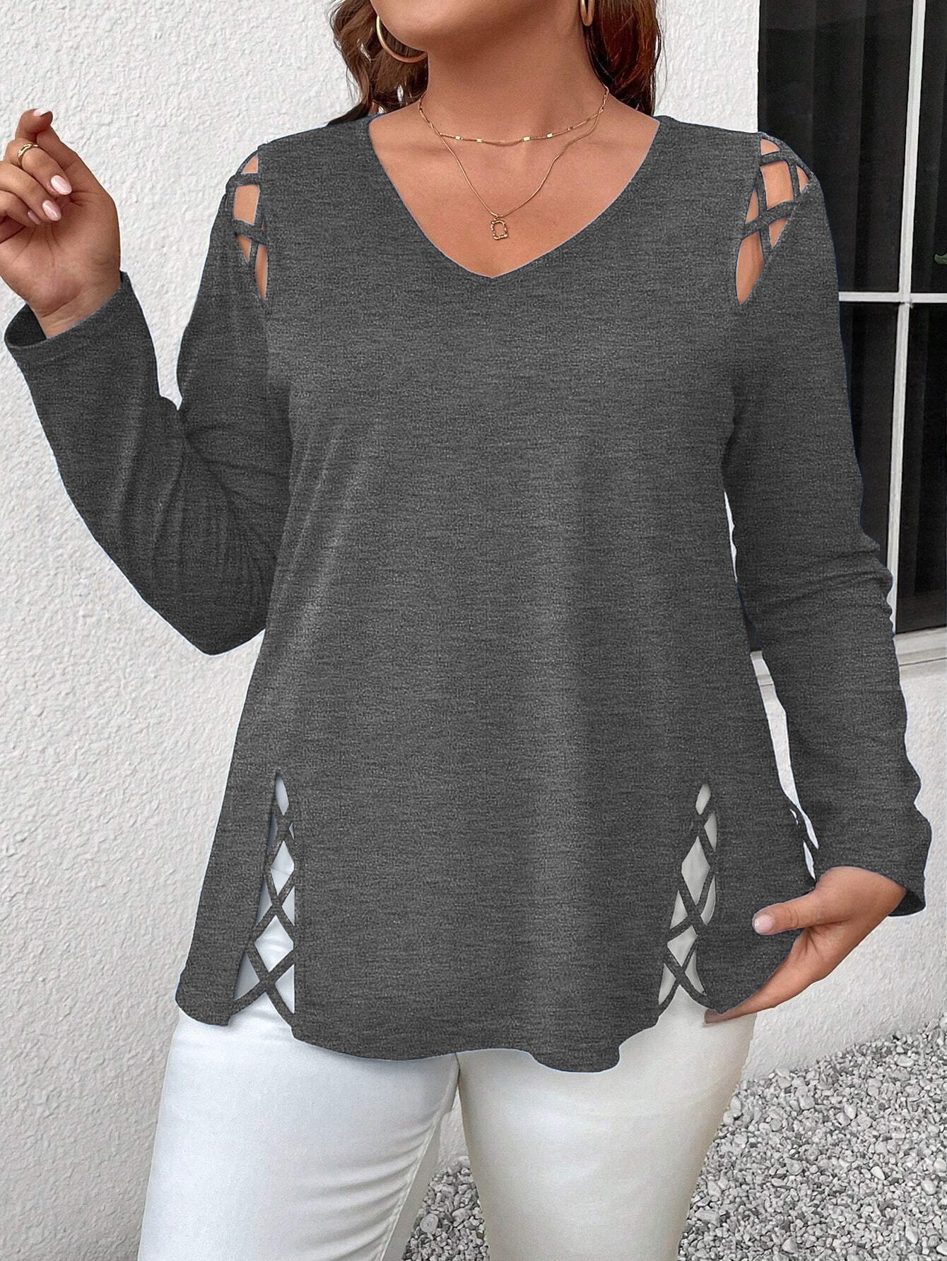 Plus Size Sexy V-Neck Crisscross Cutout Long Sleeve T-Shirt