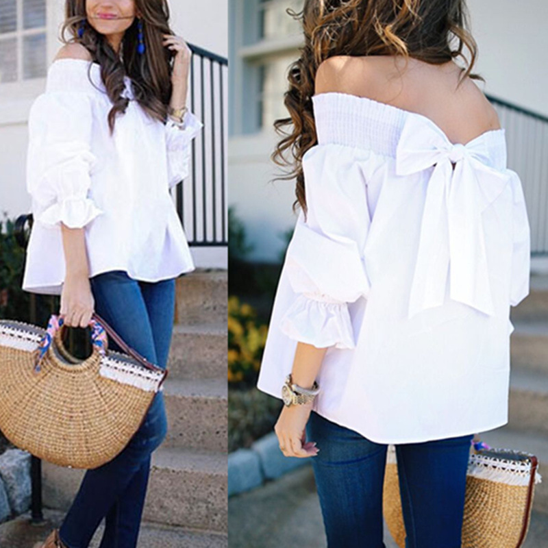2023 Spring/Summer Women's Off-Shoulder Bow Tie T-Shirt for Amazon eBay Wish Cross-Border Europe and America