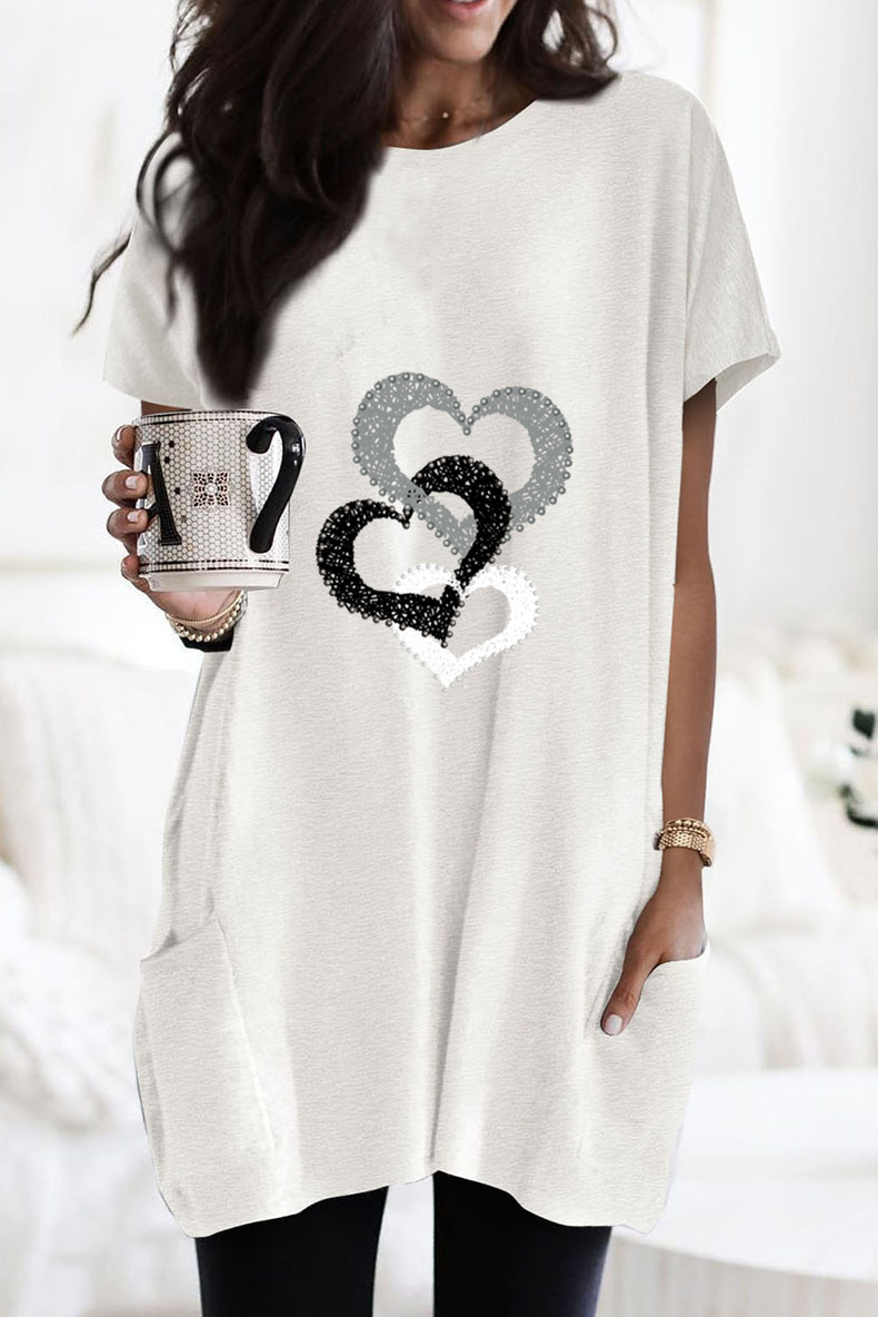 Side Pocket Dandelion Print Short Sleeve Loose Long T-Shirt