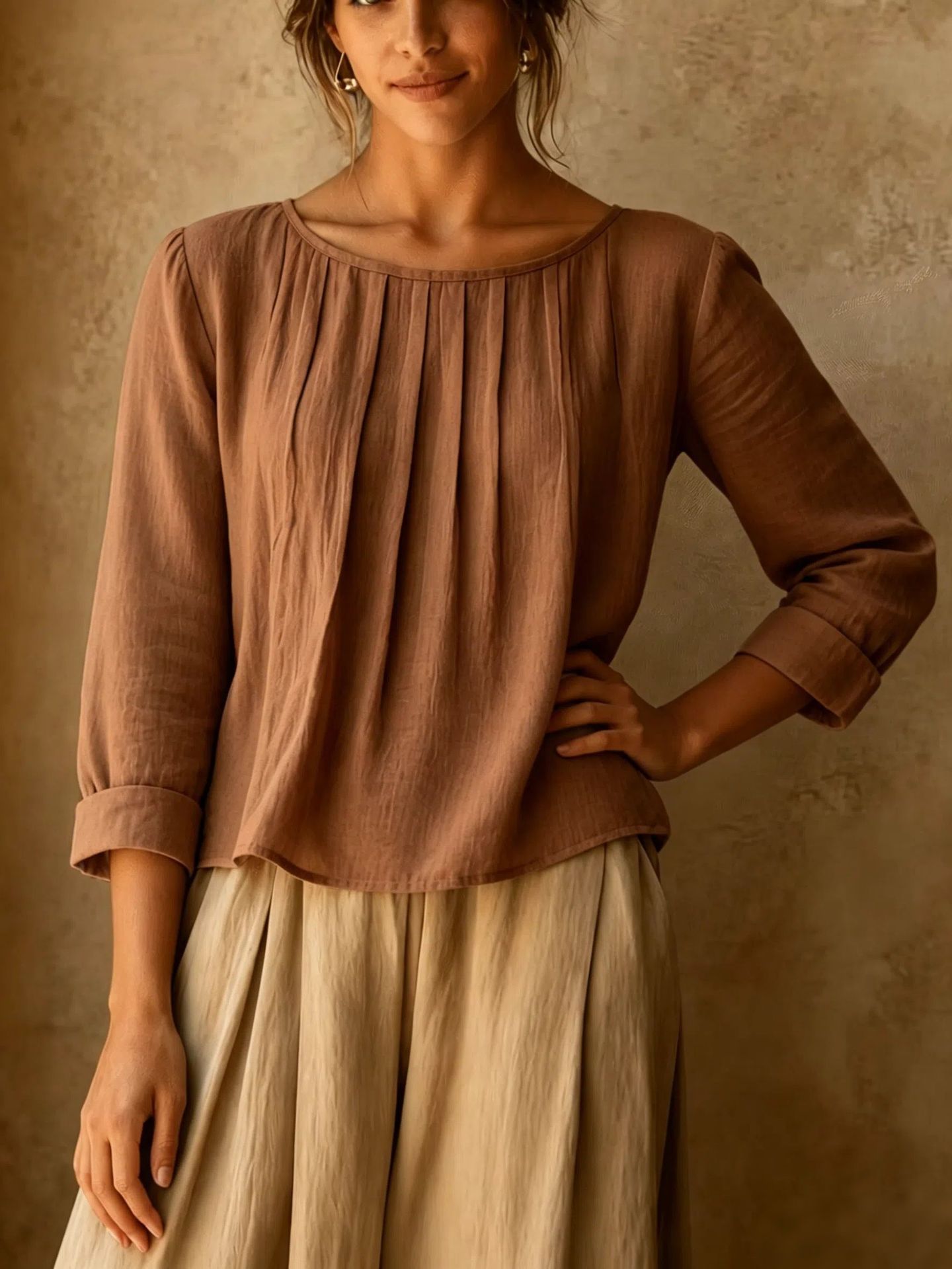 2026 New Cross-Border Summer Women's Cotton-Linen Top Loose Slimming Pleated Round Neck Eight-Sleeve Shirt Solid Color Casual