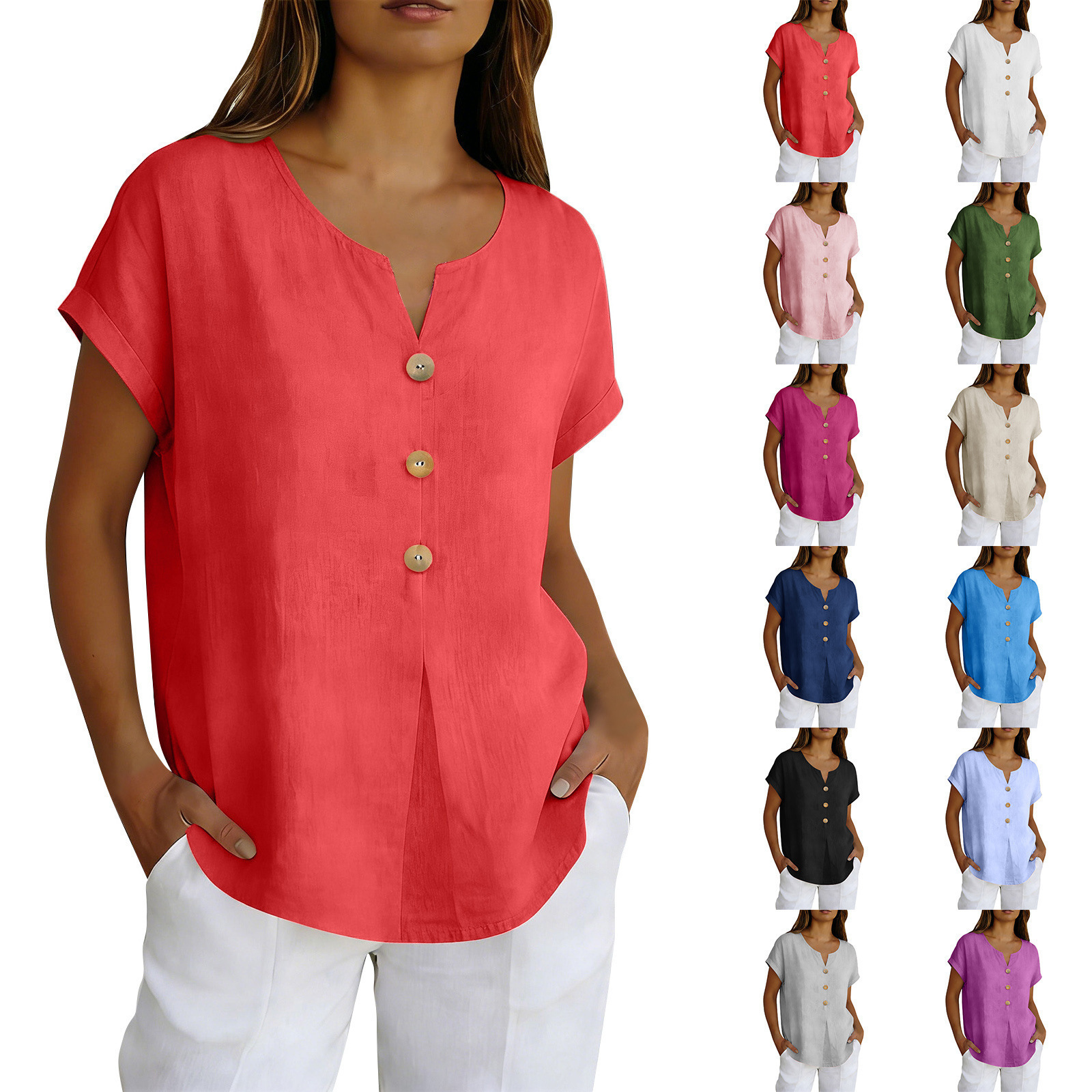Women's Solid Color Cotton-Linen Short Sleeve V-Neck Loose Fit Top
