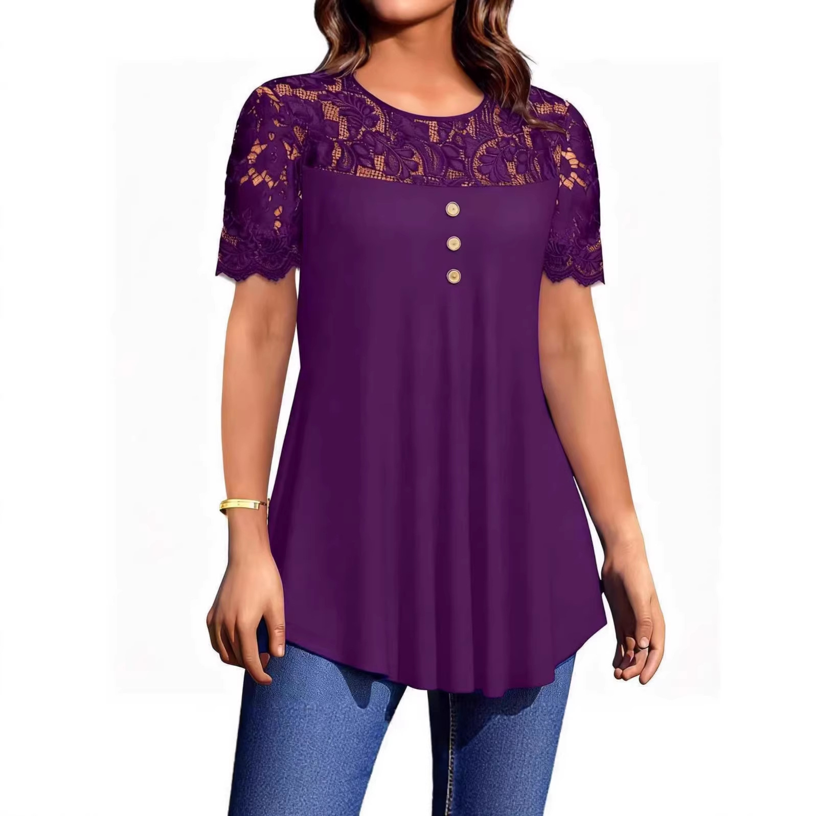 Women's Solid Color Lace Trim Short Sleeve Round Neck T-Shirt