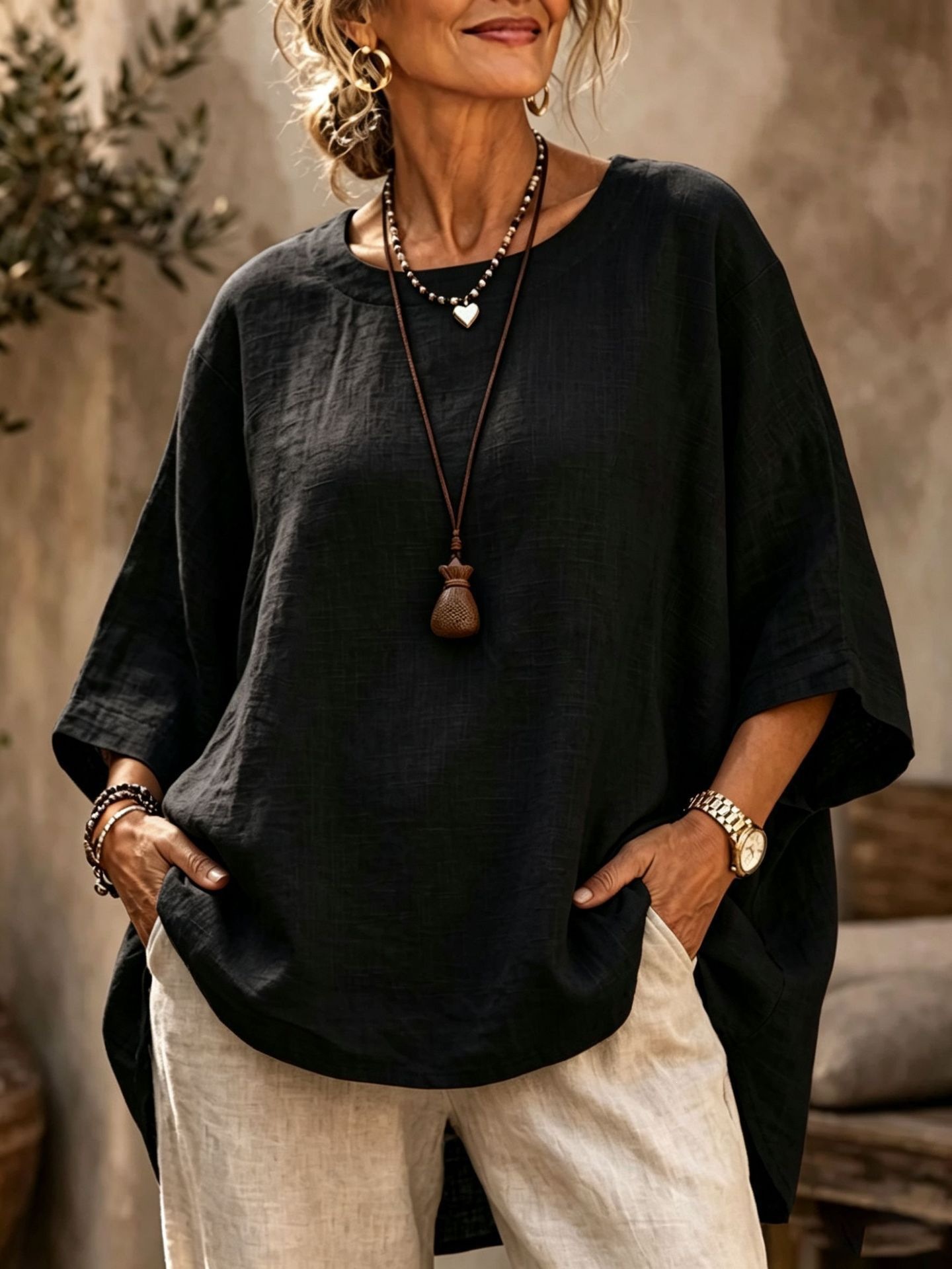 Women's Loose Round Neck Solid Cotton Linen 3/4 Sleeve Top