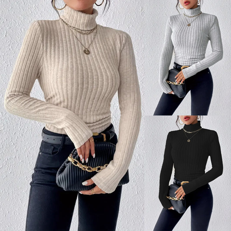 Women's High Neck Ribbed Knit Long Sleeve Top