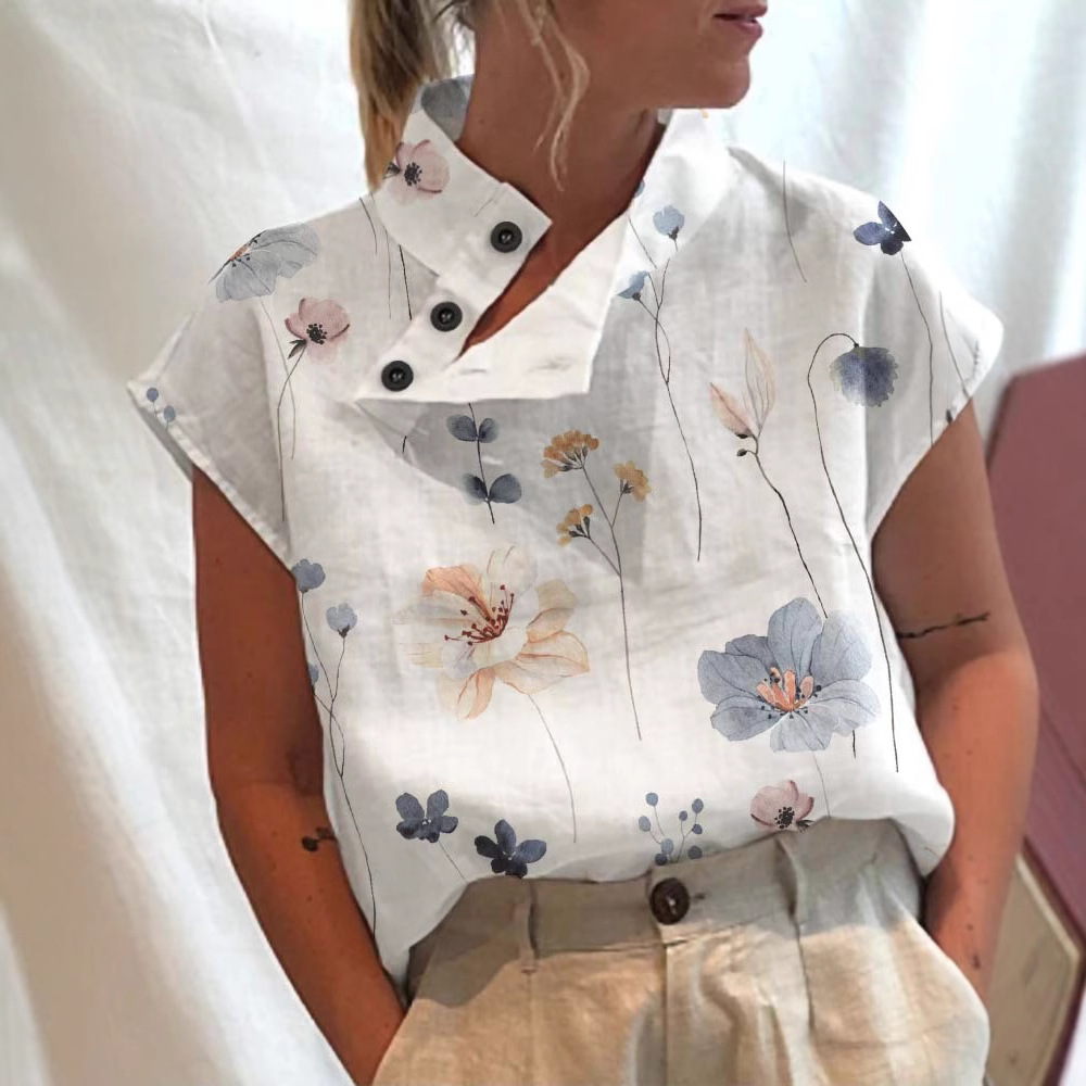 Women's Casual Stand Collar Short Sleeve Digital Print Top T-Shirt