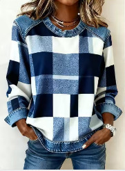 Plaid Patchwork Denim Crewneck Loose Women's Sweatshirt