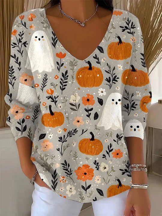 Women's V-Neck Long-Sleeve Cat Floral Pumpkin Print T-Shirt