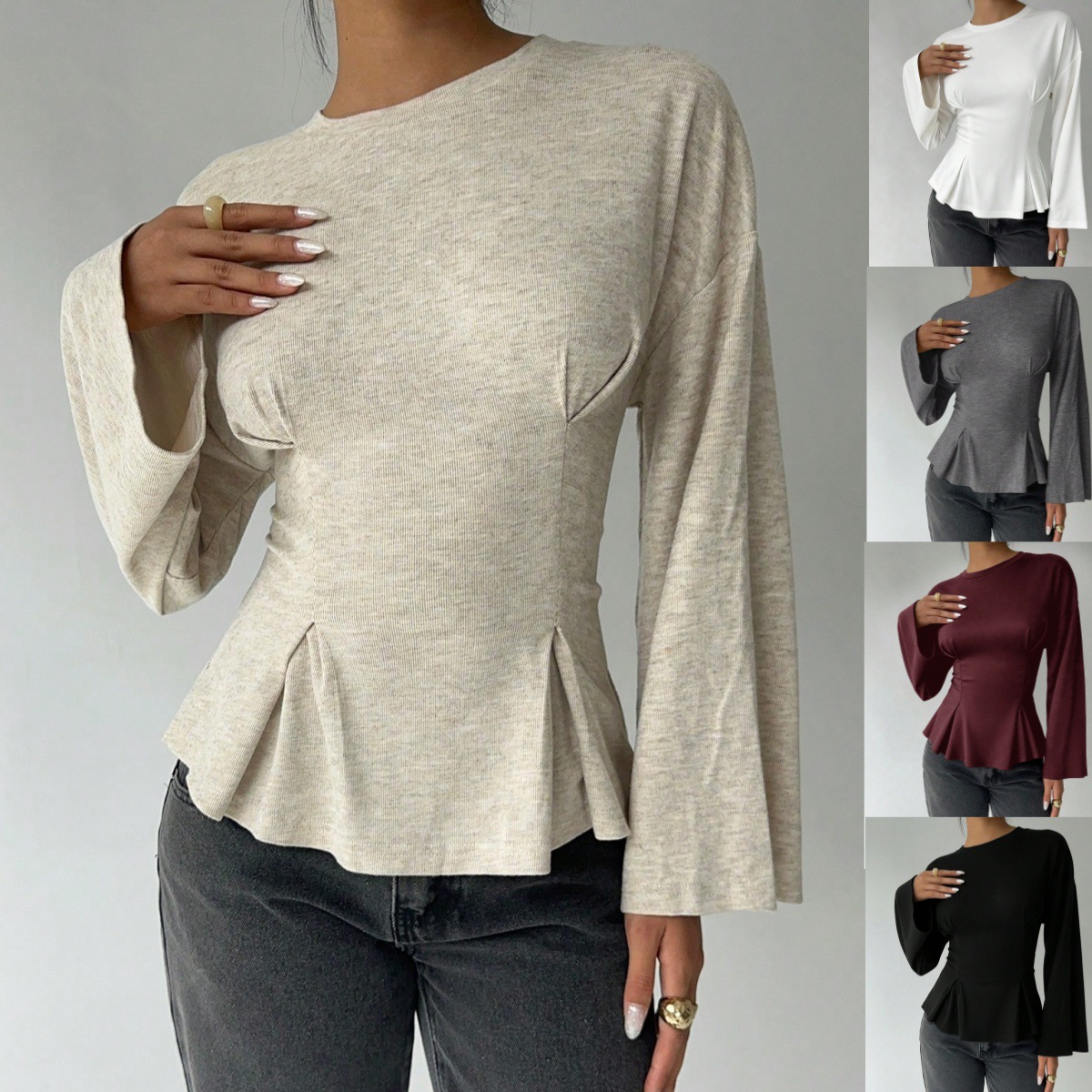 Women's Slim Fit Pleated Long Sleeve Crewneck Pullover Top