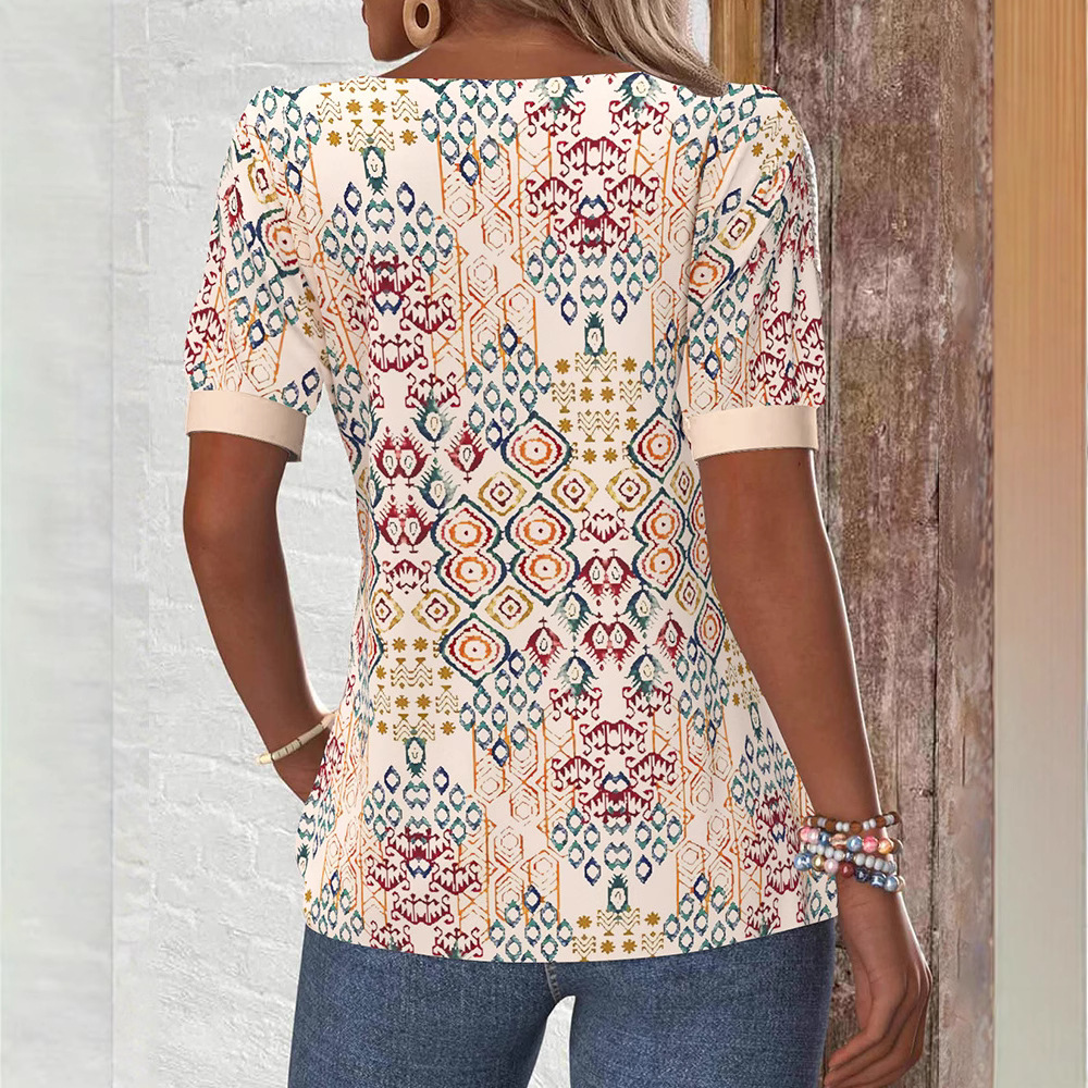 Elegant Asymmetric Neck Short Sleeve Button Print T-Shirt Top for Women