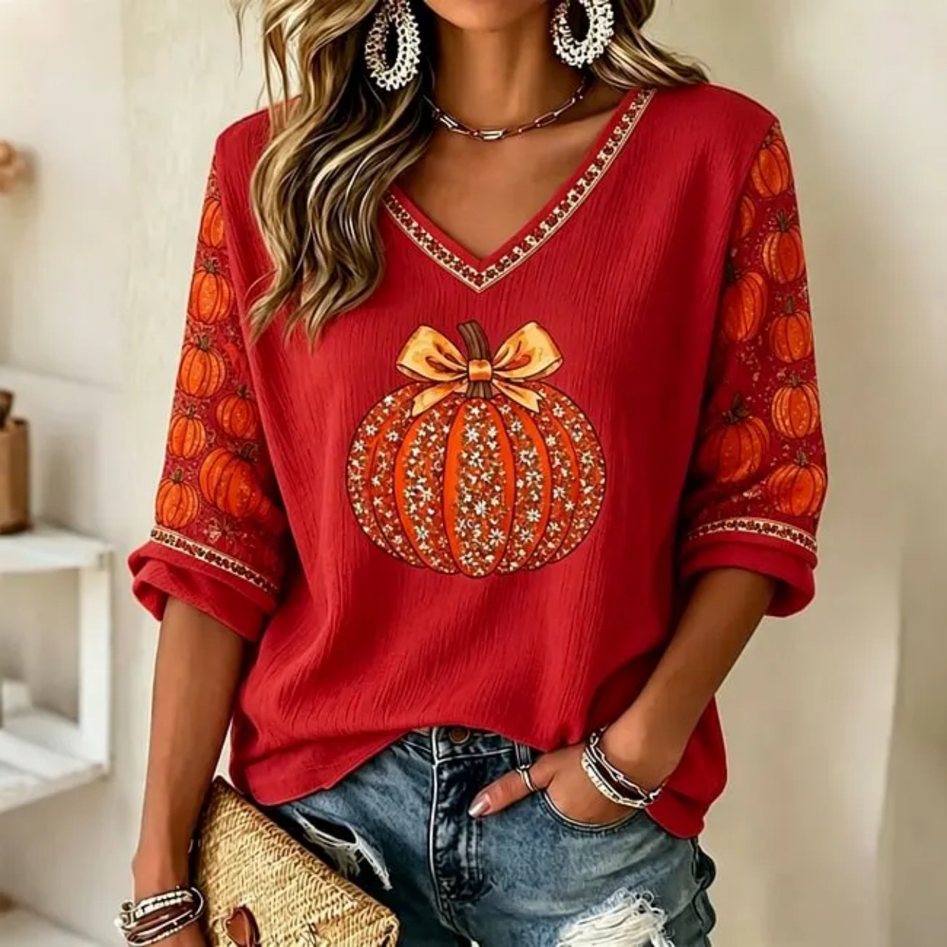 Pumpkin Bow Print V-Neck Half-Sleeve T-Shirt