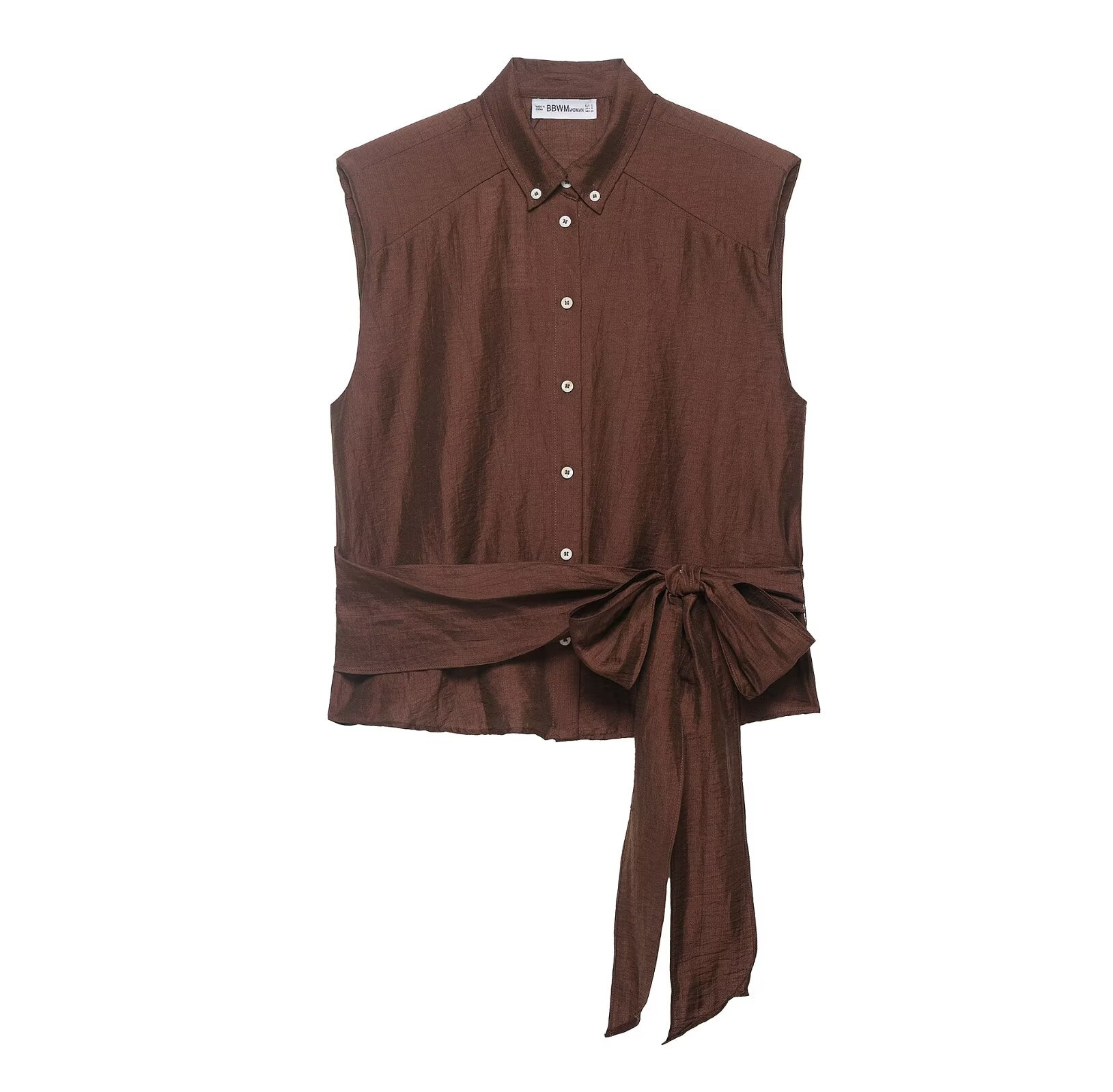 Women's Casual Stand Collar Belted Padded Shoulder Top