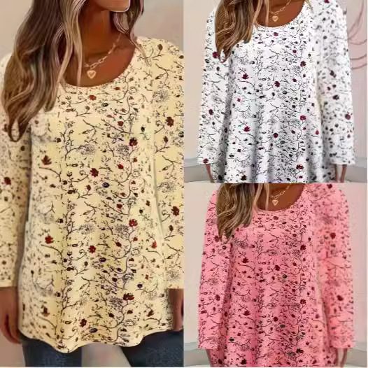 Women's Floral Print Long Sleeve Crew Neck T-Shirt