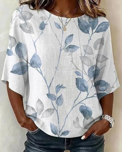 Floral Leaf Print Half-Sleeve Women's Top Retro Fashion Blouse